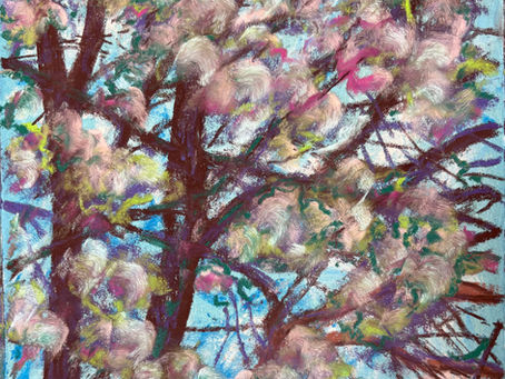 Impressionist pastel painting of a flowering tree with pink and white blossoms against a bright blue sky.