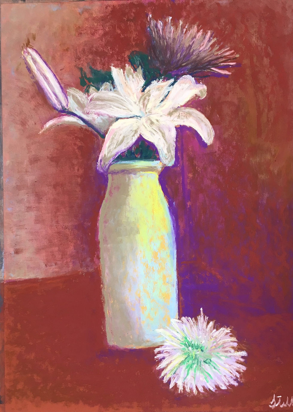 The pastel painting features a vase with white and purple flowers against a warm, reddish-brown background. The vase is light yellow, and there is an additional flower lying at the base of the vase.