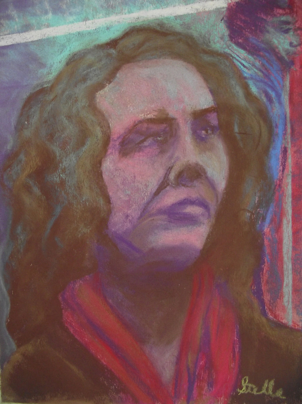 A pastel painting featuring a person with curly hair and a contemplative expression, rendered in a mix of warm and cool tones. The background has abstract elements with shades of blue and red.