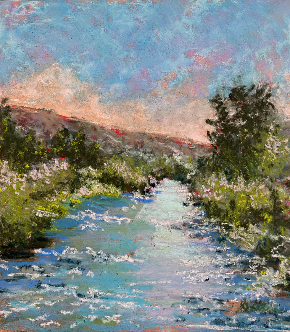 Impressionist pastel painting of a river flowing through lush greenery, with pink and purple flowers, under a soft pastel sky. Peaceful scene.