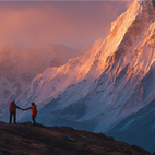 Some Sherpas shaking hands in gangkhar's mountain.
