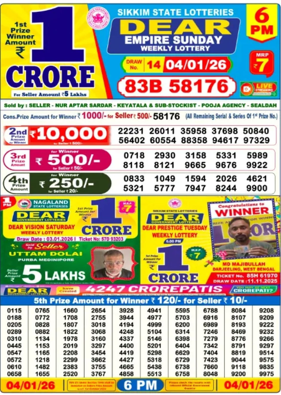 sikkim lottery result 04/01/2026 6:00pm 