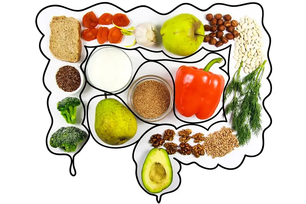 Healthy foods arranged as a brain shape on white background: bread, fruits, vegetables, nuts, milk, grains, and avocado.