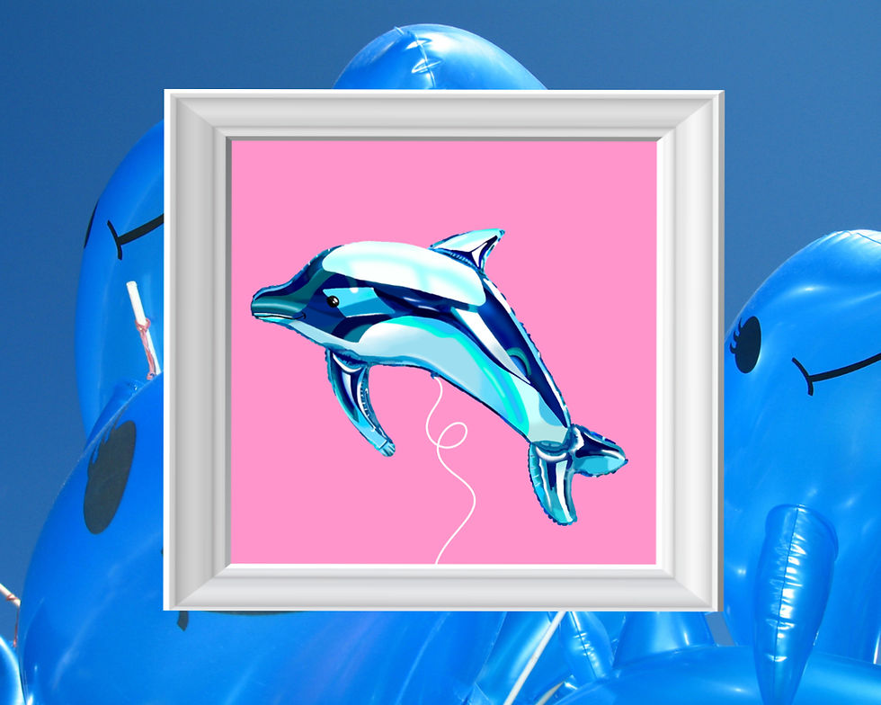 Dolphin balloon art print with a white frame and dolphin balloons as the background