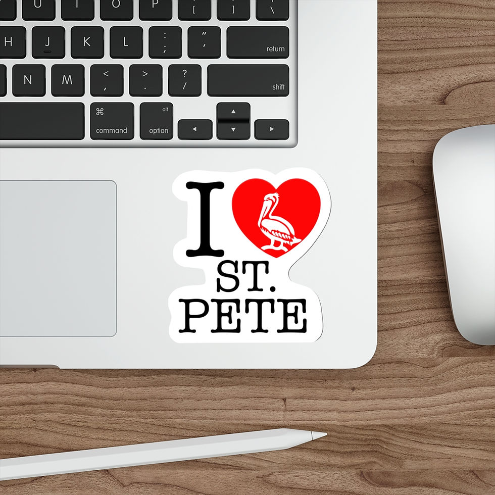Thumbnail: sticker that reads "I heart St Pete" with a red heart and white pelican inside in the style of a I Love NYC t-shirt