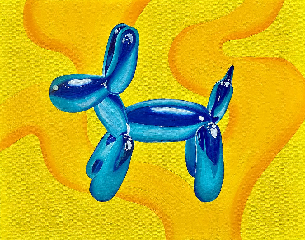 shiny blue balloon dog painting with yellow swirly background