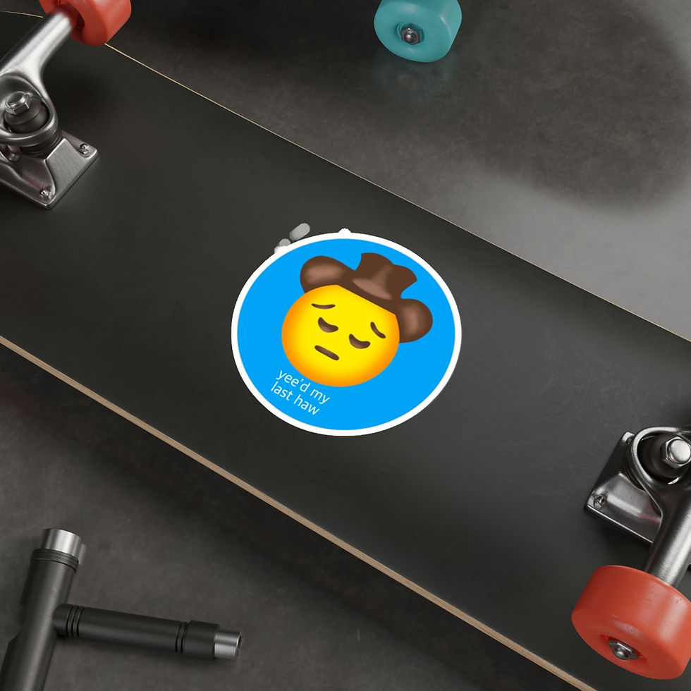 Thumbnail: sticker of the sad emoji wearing a cowboy had that reads "yee'd my last haw"