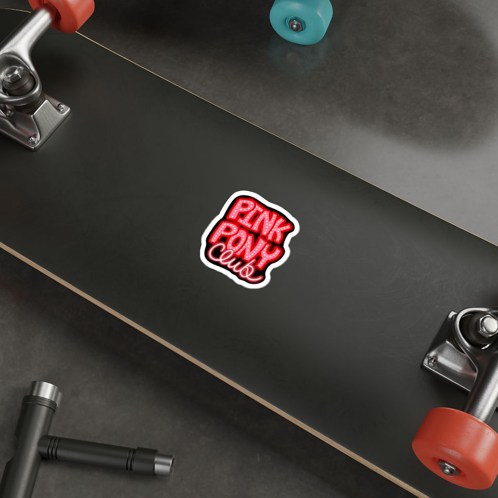 Thumbnail: medium Pink Pony Club sticker on the bottom of a black skateboard