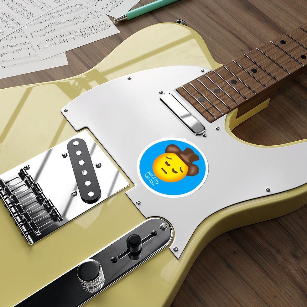 Thumbnail: sticker of the sad emoji wearing a cowboy had that reads "yee'd my last haw"