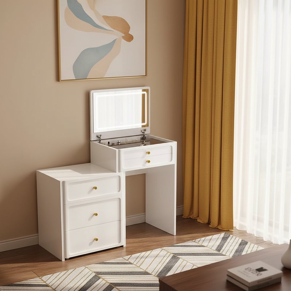 サムネイル： DR024 - Modern White Vanity Desk with Flip-Top LED Mirror & Storage Cabinet