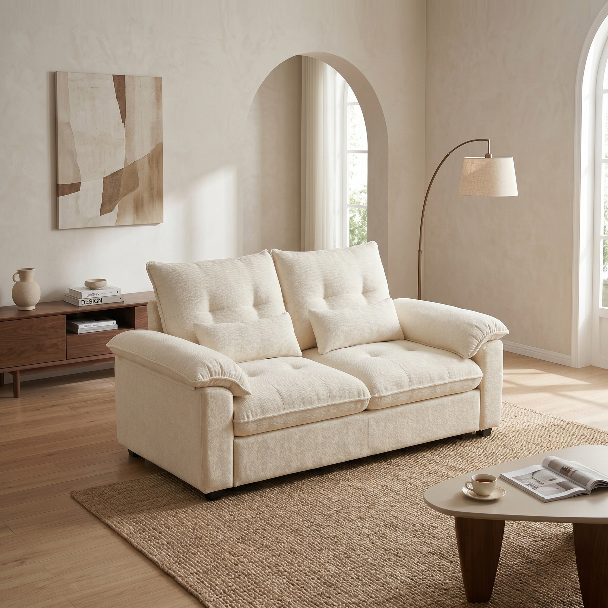 SOB036 - Minimalist Cream Fabric Sofa - Comfy Living Room Seating