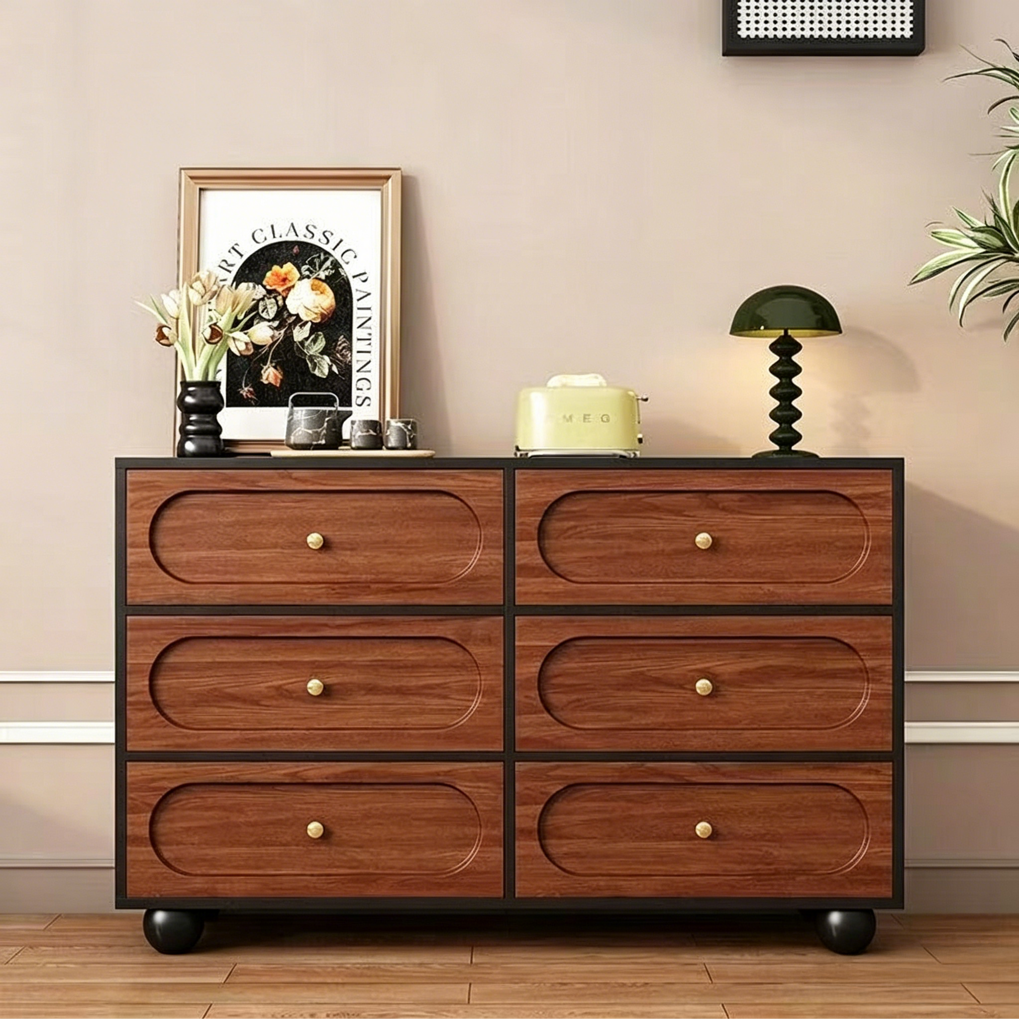 CBD033 - Mid-Century Modern 6-Drawer Dresser, Black & Walnut Chest