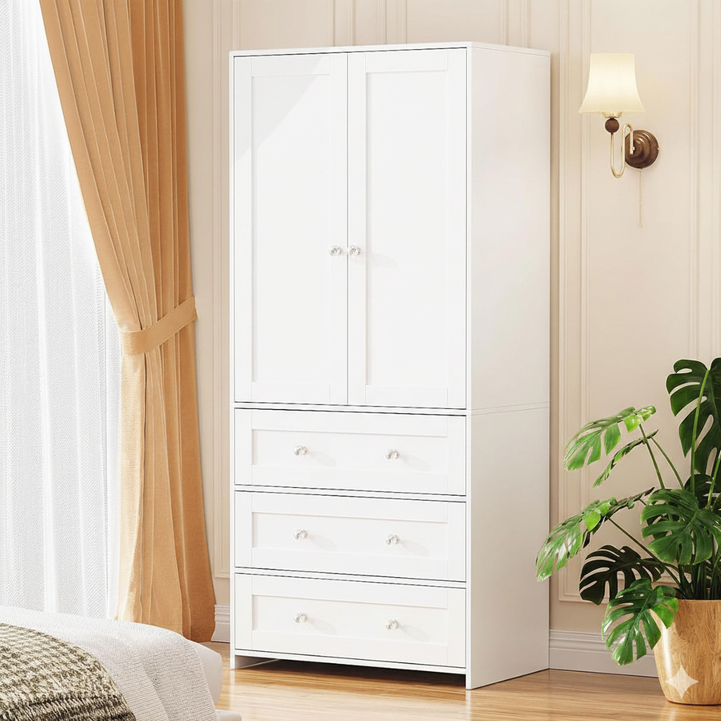 CC056 - Modern White Wardrobe Cabinet with Drawers – Tall Storage Closet