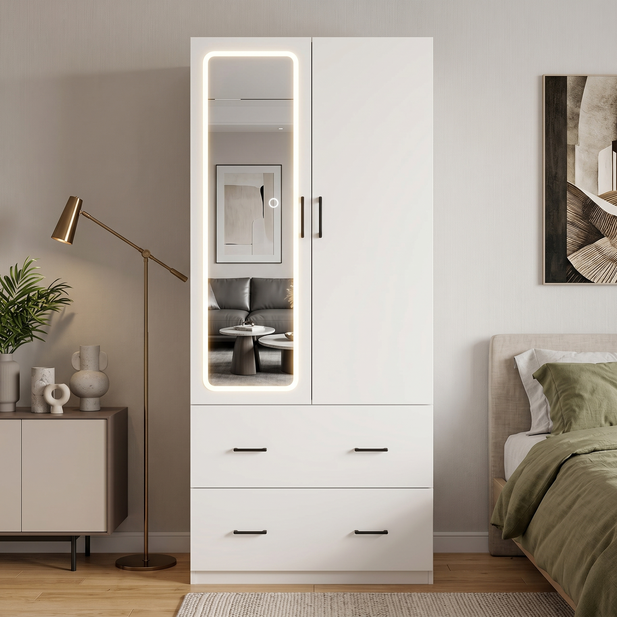 CC057 - White Wardrobe with Built-in LED Mirror & Drawers