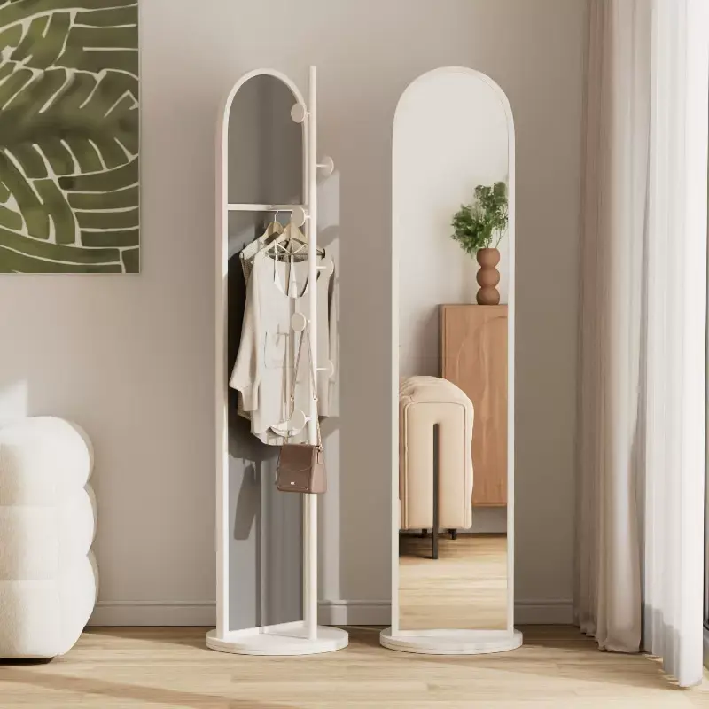 WH012 - Cream Standing Coat Rack with Full-Length Rotating Mirror