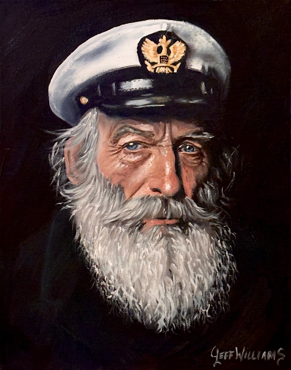 Ol' Crusty — sea captain character portrait oil painting by Jeff Williams | River Horse Art Gallery