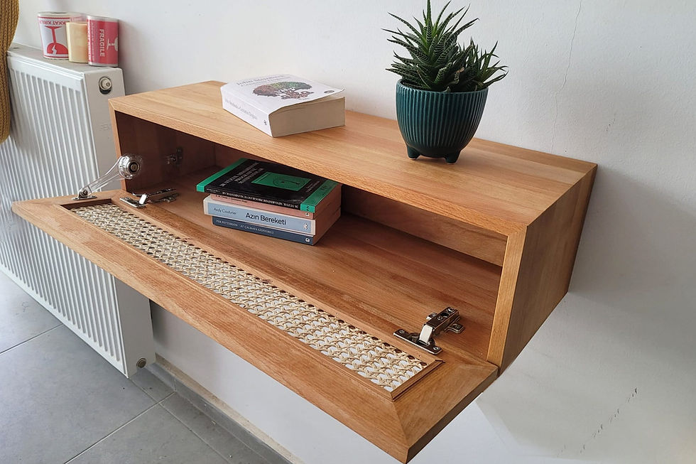 Thumbnail: Boho style rattan floating entryway shelf used for holding keys and decorative plants in a minimalist hallway