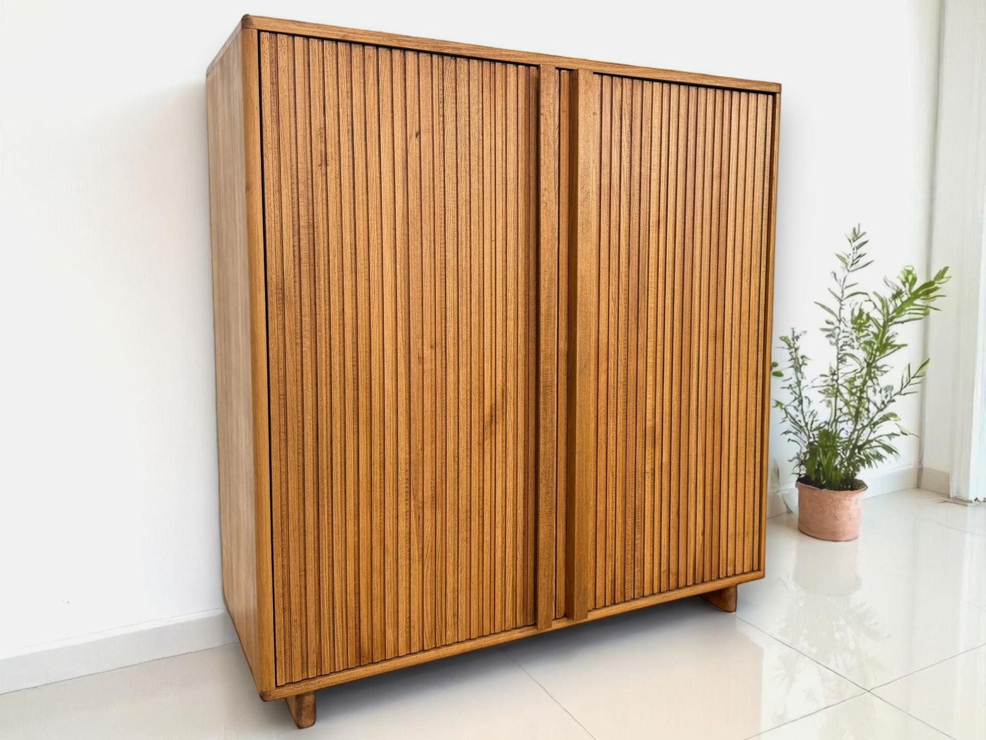 Custom Solid Wood Sideboard: Modern Slatted Buffet Cabinet