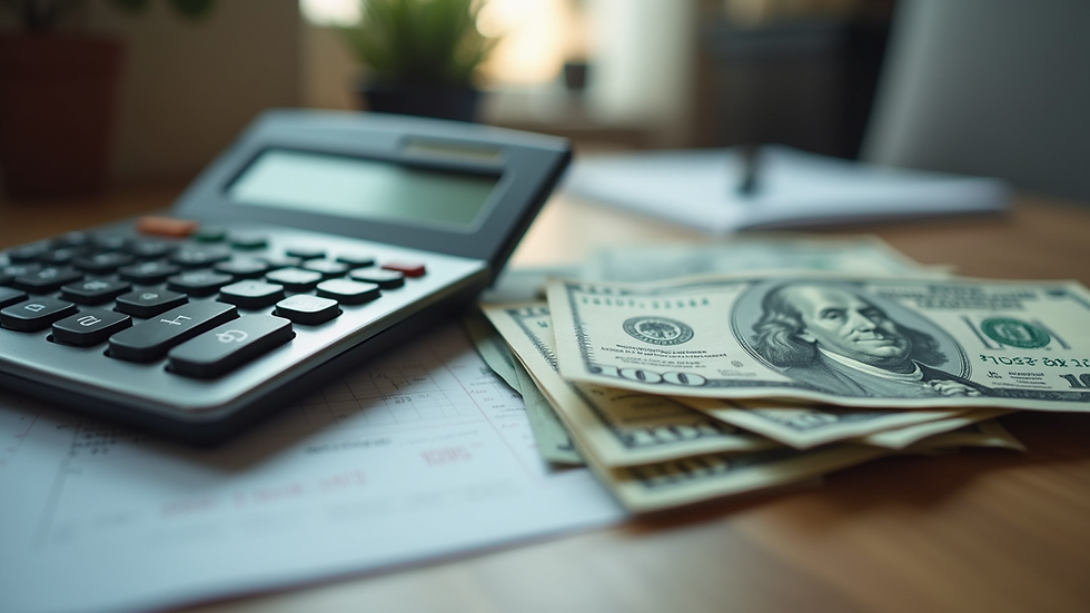 High angle view of a calculator and bills on a table