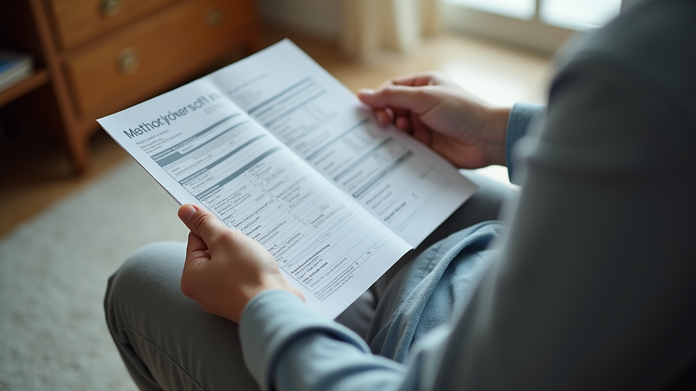 High angle view of a person reviewing credit card statements