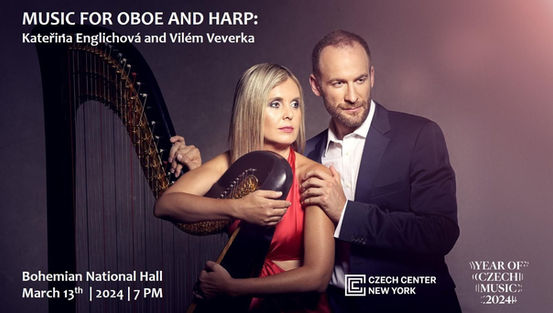 During their concert in Bohemian National Hall, they will perform works of famous composers like Maurice Ravel or Leonard Bernstein, as well as those that are known only by experts (Josef Vejvoda, Petr Wajsar and others).

This unique Duo Englichová/Veverka will present famous classical pieces such as Ravel’s Tombeau de Couperin, adapted for oboe and harp by Czech composer Otomar Kvěch or Smetana’s Moldau Fantasy for solo harp. They will introduce four American premieres by Czech composers: Sylvie Bodorová, Josef Vejvoda, the first techno “Kraftveverk” for oboe and harp by Petr Wajsar and Jason and Medea, a myth from the Greek mythology written by Martin Hybler, who will be joining them on stage to launch the new CD of Kateřina Englichová “As time goes by”.