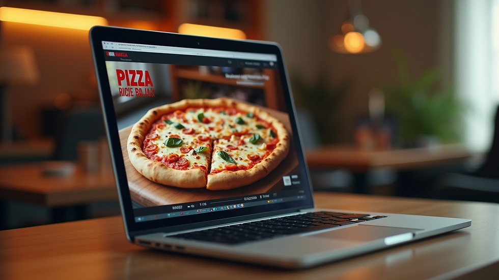 Eye-level view of a laptop screen showing an online pizza menu