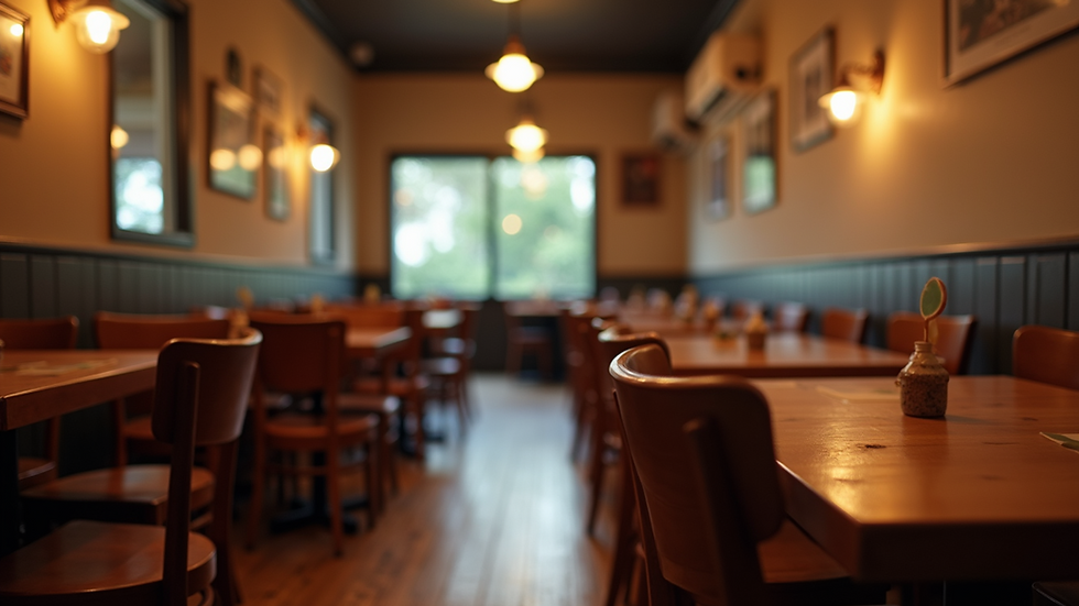 Eye-level view of a cozy pizzeria dining area with wooden tables and chairs
