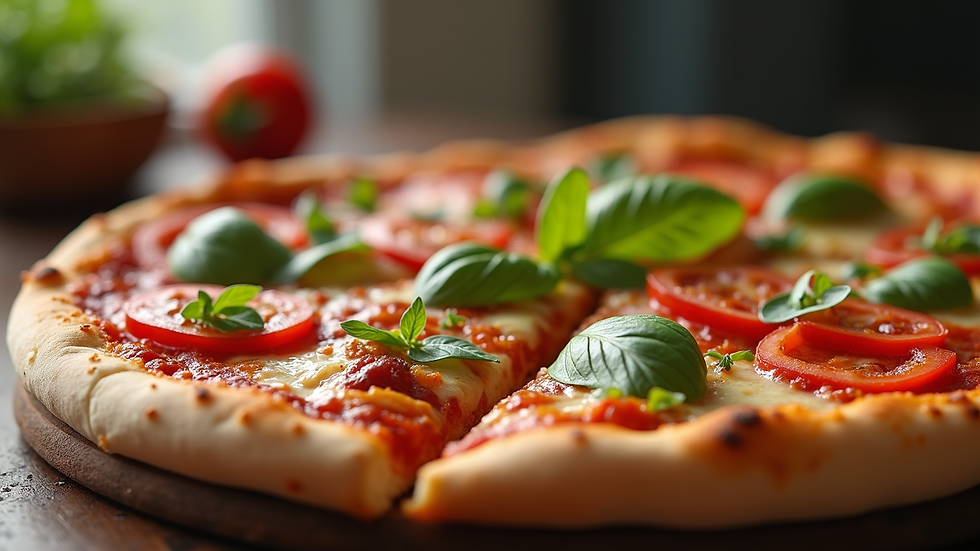 Close-up view of a large family-style pizza with fresh toppings
