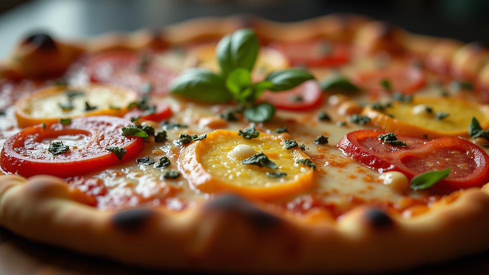 Close-up view of a freshly baked specialty pizza with colorful toppings