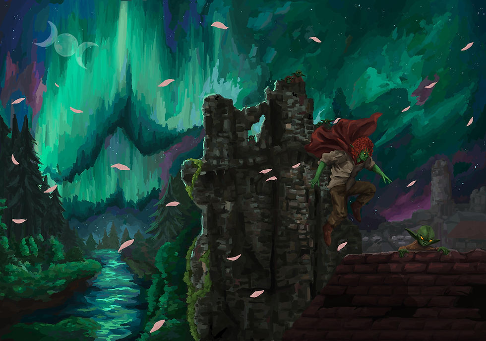 A goblin leaps from a decrepit rooftop, pursued by goblins as an aurora blazes in the sky above.