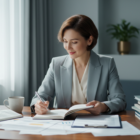 Professional female review her career notes