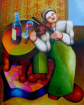 Un tableau de Philippe Loubat : Un violoniste joue à coté d'une table . Sur la table une bouteille et un verre de vin.