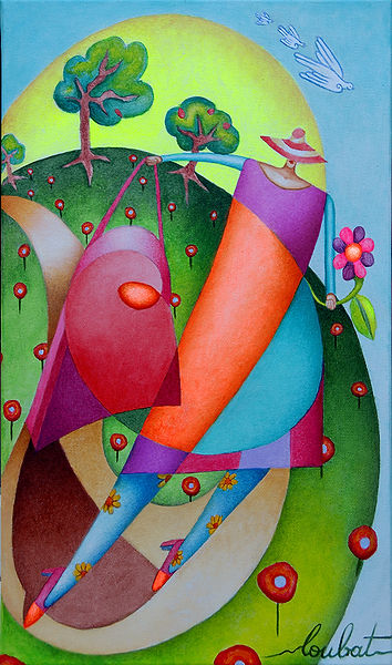 une toile de Philippe Loubat qui représente une femme avec un grand sac dans un champs de coquelicot