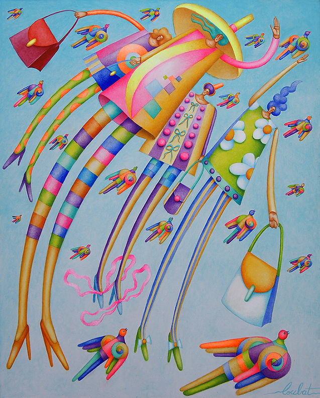 Peinture "Jump!" de Philippe Loubat représentant plusieurs silhouettes féminines très élonguées et stylisées en plein saut ou envol. Tenues vives aux motifs géométriques et floraux, jambes interminables et oiseaux multicolores gravitant dans un ciel bleu clair.