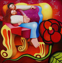 Un tableau de Philippe Loubat : un couple enlacé sur un canapé avec une grosse fleur rouge