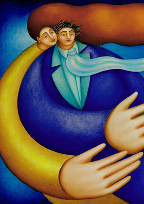 Un tableau de Philippe Loubat : couple avec oiseau