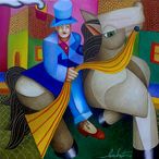 Un tableau de Philippe Loubat : Un cavalier bleu sur un cheval gris traverse la ville.