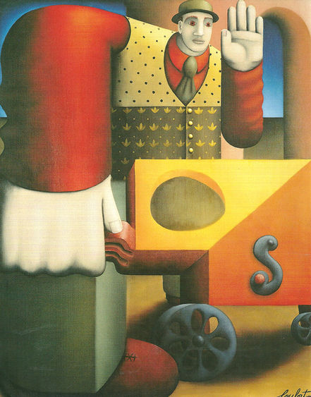 Un tableau de Philippe Loubat : Un joueur d'orgue de barbarie très géométrique.