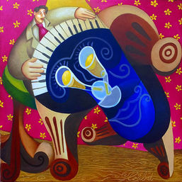 Painting by Philippe Loubat: a pianist in front of a dreamlike, surreal-looking piano.