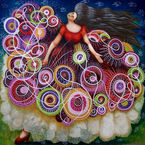 Un tableau de Philippe Loubat : Femme avec une très grande robe à jupons. imprimé de cercles et de spirales.