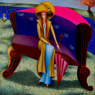 Un tableau de Philippe Loubat : femme sur un canapé près d'une rivière. Elle tient un parapluie. derrière on voit un pêcheur