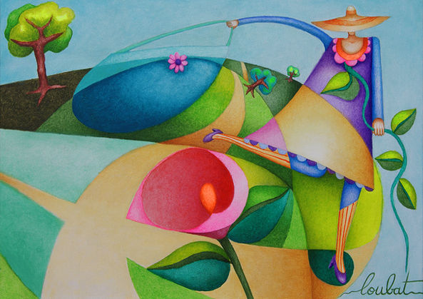 Un tableau de Philippe Loubat : qui représente une femme qui court dans un paysage vallonné avec un très grand sac à la main. Une fleur rouge est au premier plan. Trois arbres en fond.