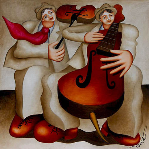 Un tableau de Philippe Loubat : Un duo de musiciens dans le vent. la cravate et le costume volettent. Un violoniste et un contrebassiste.