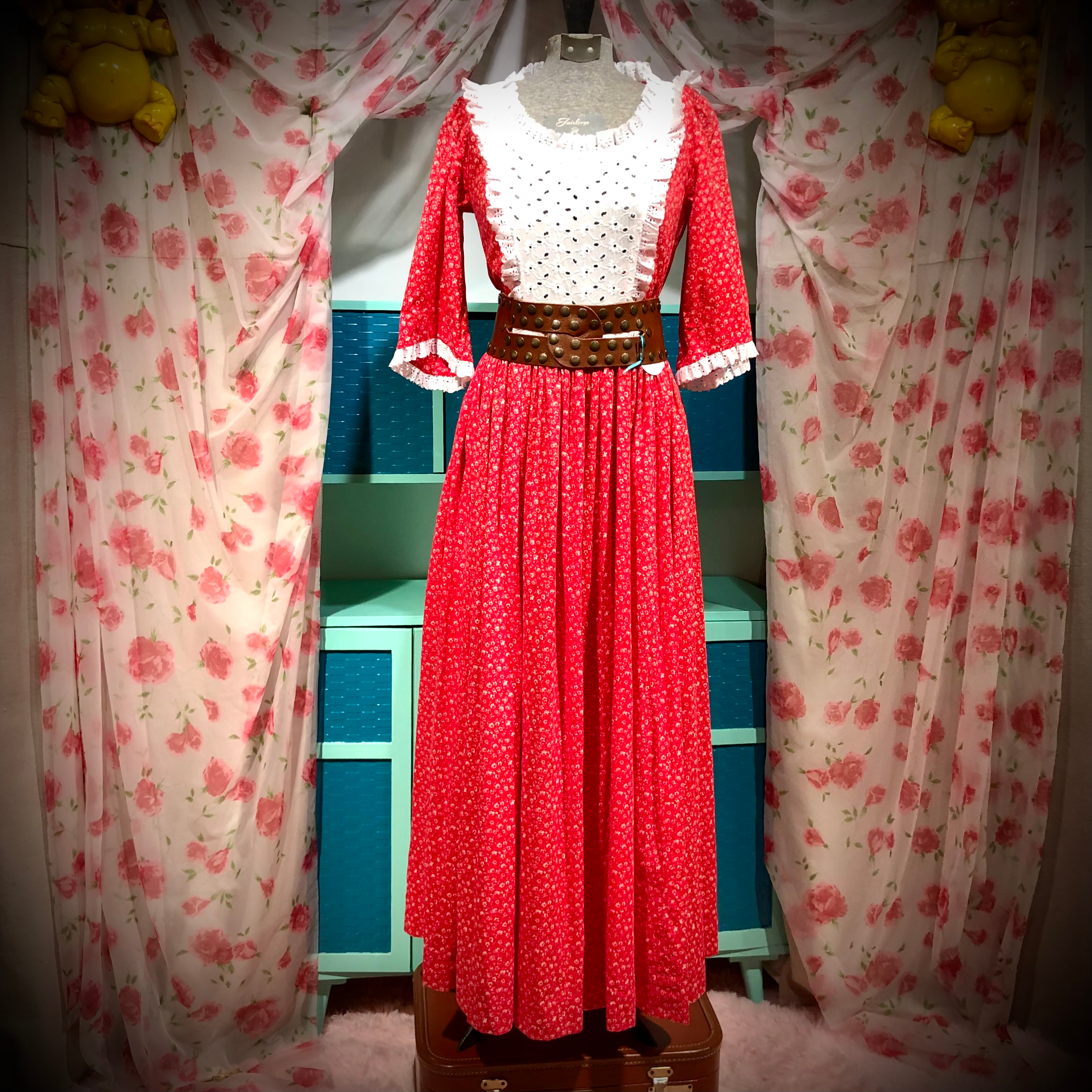 Red Prairie Dress With Ruffled White Eyelet Bodice