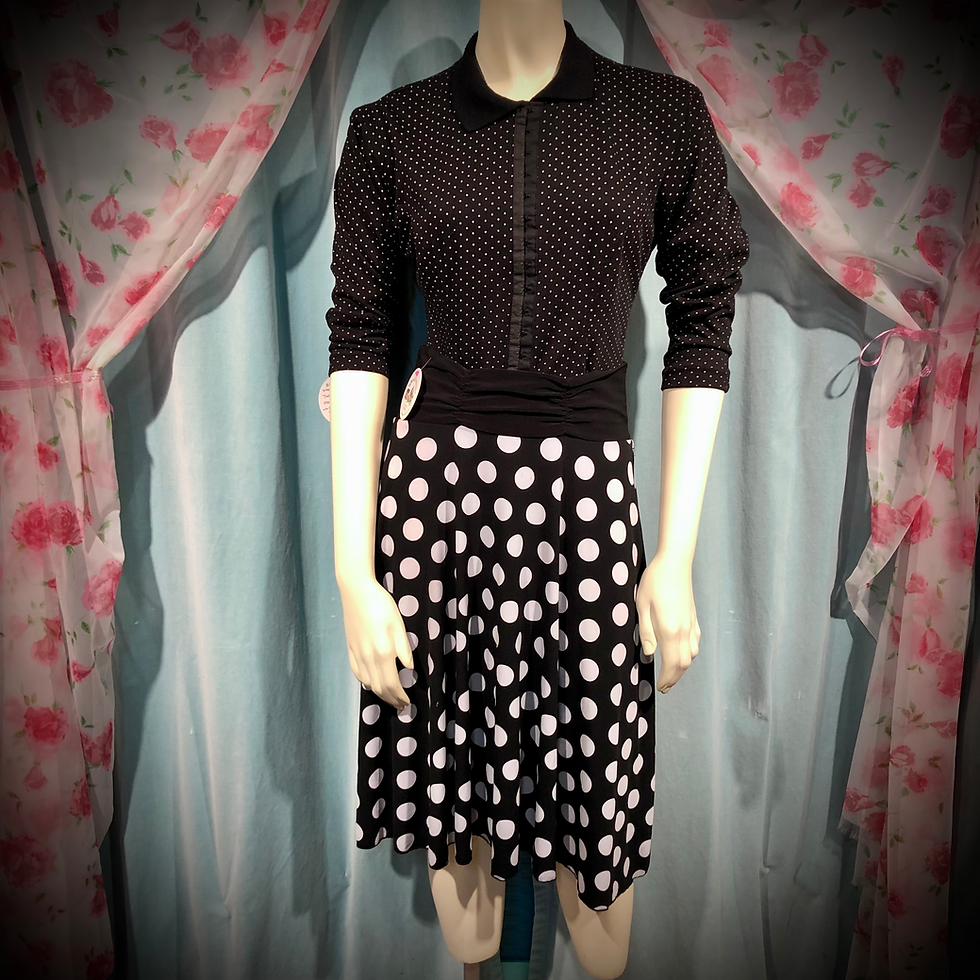 Thumbnail: Retro Black Jersey Stretch Flair Skirt in Black with Big White Polka Dots