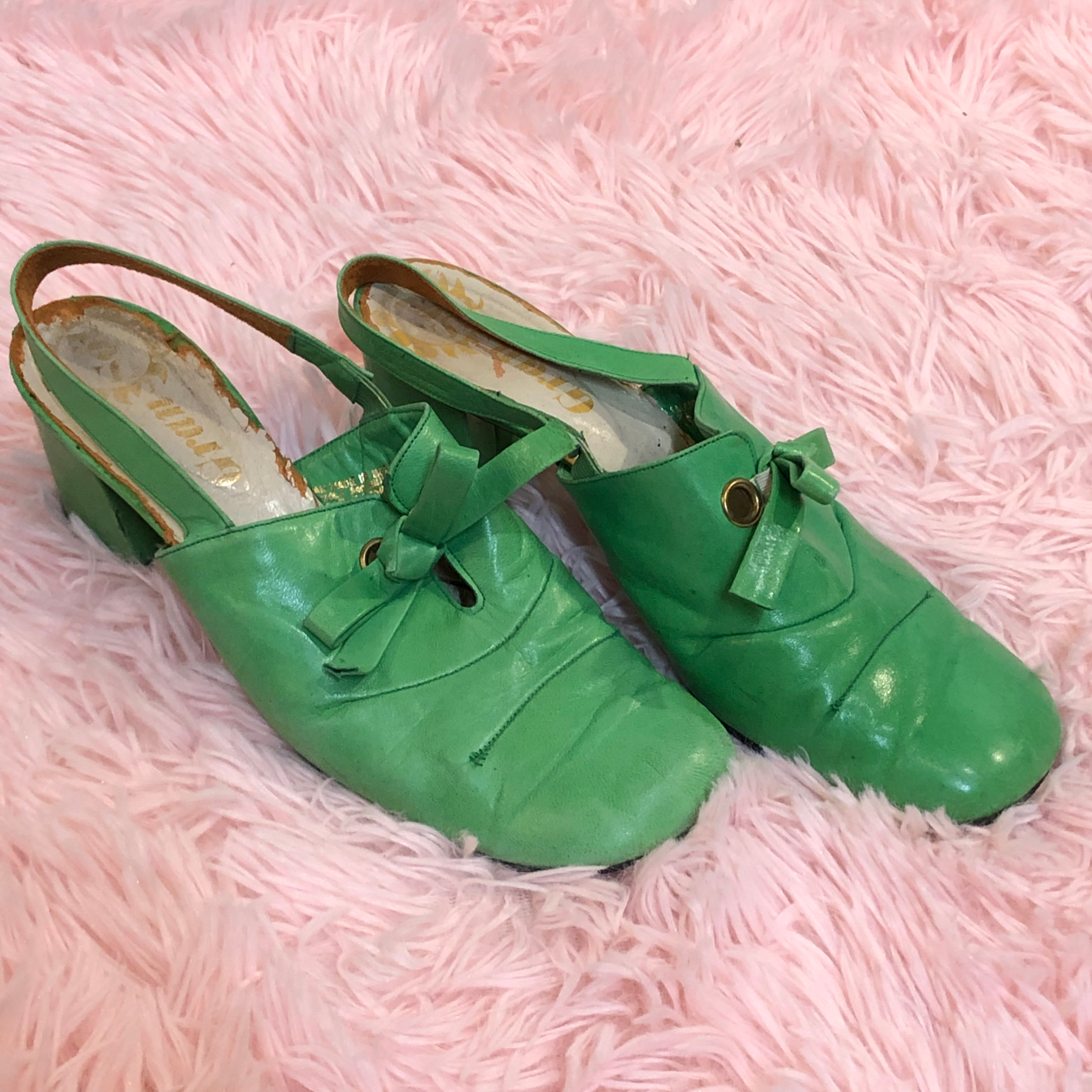 Green Leather Chunky Heel Wide Toe Oxford Sling Back Shoes