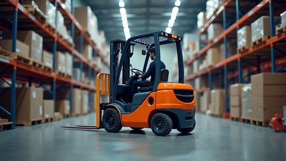 Close-up view of a modern forklift in a warehouse setting