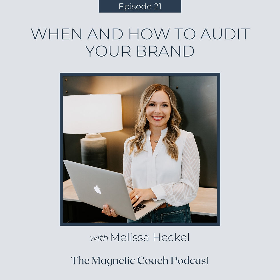 Smiling woman with a laptop stands by a lamp. Text: "Episode 19, When and How to Audit Your Brand, with Melissa Heckel, The Magnetic Coach Podcast."