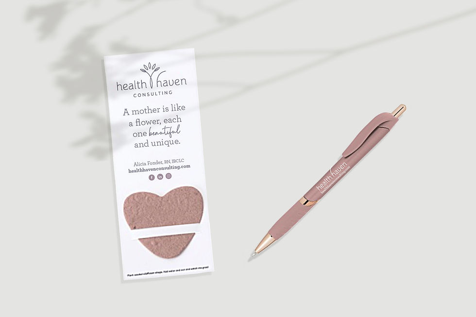 branded seed sheet bookmark with logo and pink heart and rose gold pen with logo