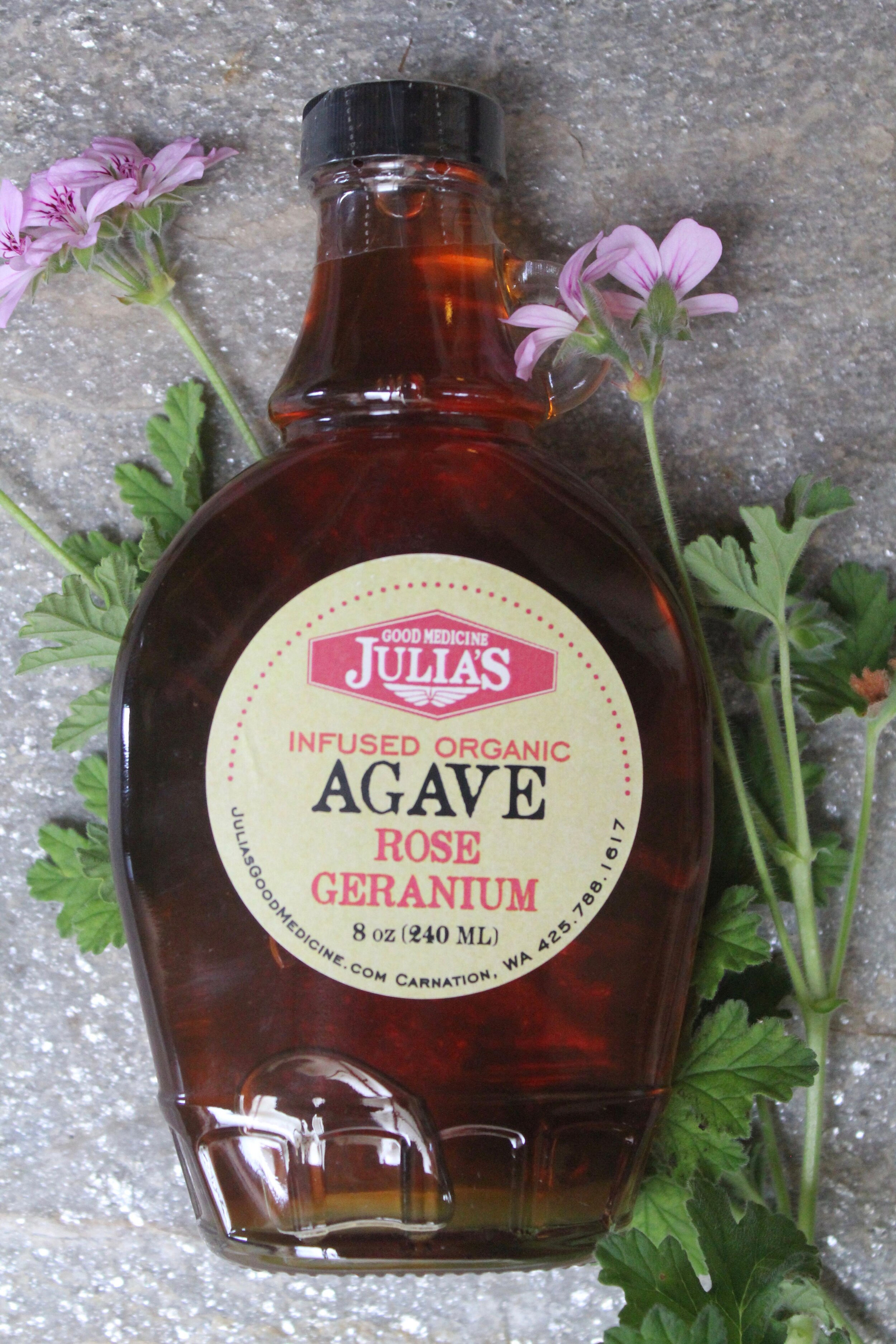 Julias Organic Agave Rose Geranium infused syrup bottle